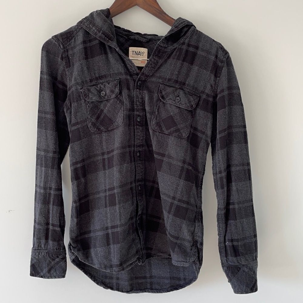 Tna Xxs Flannel Gray Button Up With Hood